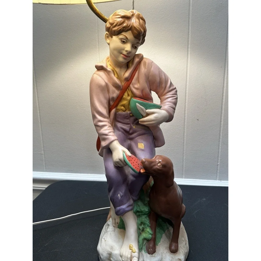 Vintage Taiwan Figural Table Lamp Boy Feeding Dog Watermelon Ceramic 31 Inch Sha